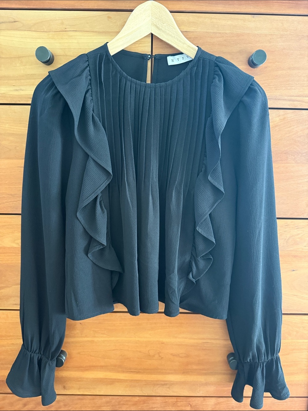 HYFVE Black Ruffle Pleated Long-Sleeve Blouse Size S